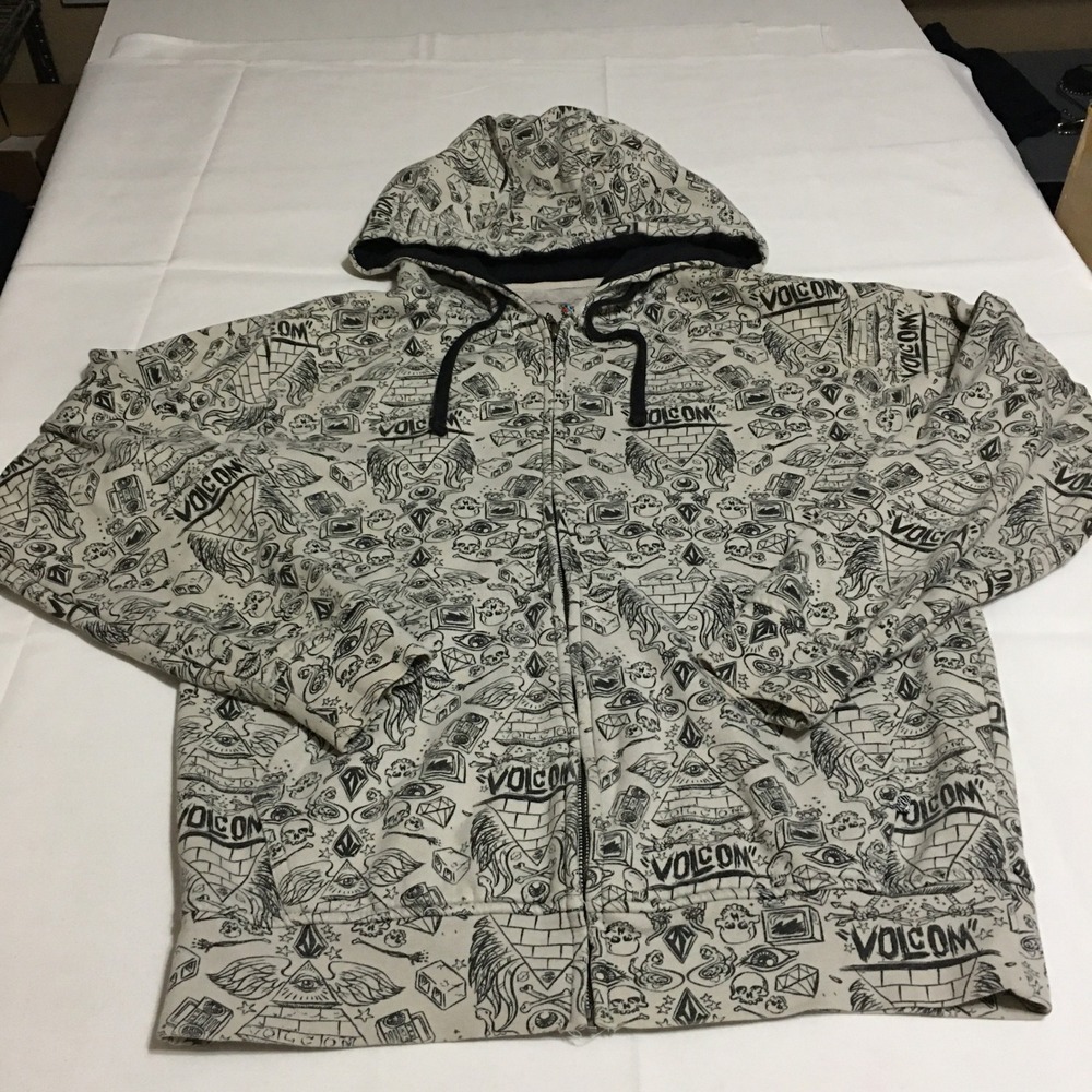 Volcom Sheckler Vco-Op Hoodie Mens Small Tan All Over Print Graphic Zip Up